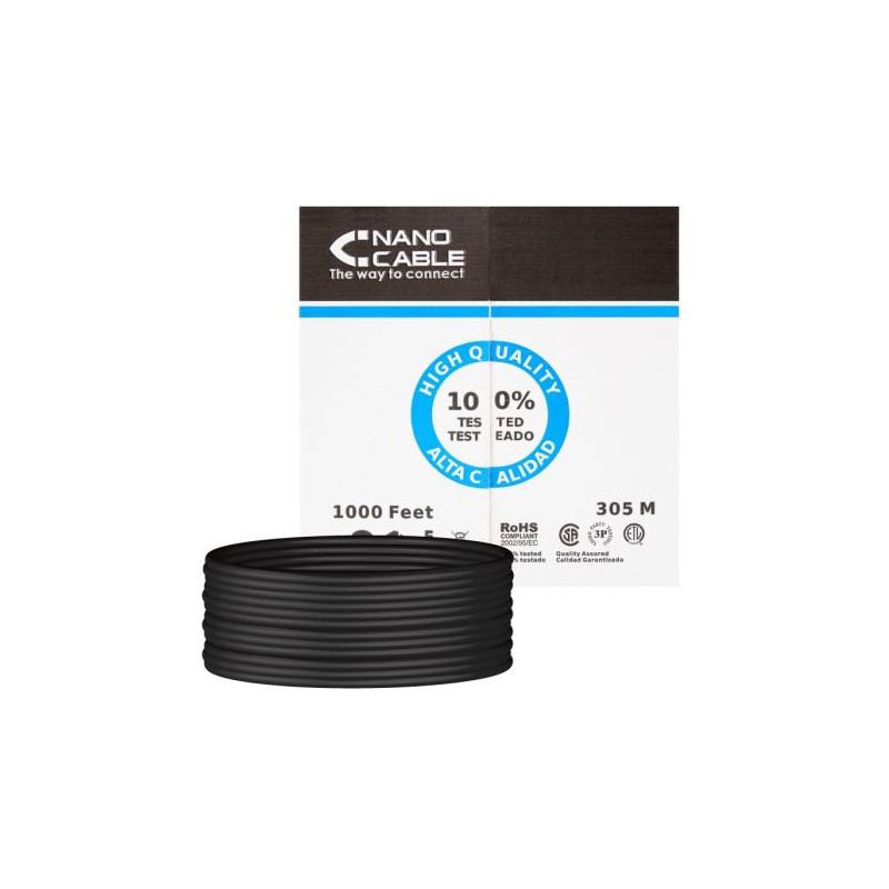 Bobina de Cable de Red Rígido RJ45 Cat 6 UTP - 100 m · Negro