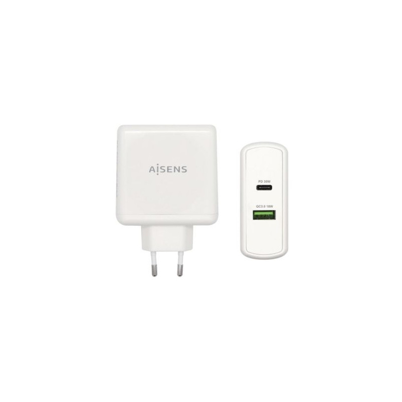 Cargador de Pared AISENS ASCH-2PD30QC-W - 48W · USB 2.0 · USB Tipo C · Blanco