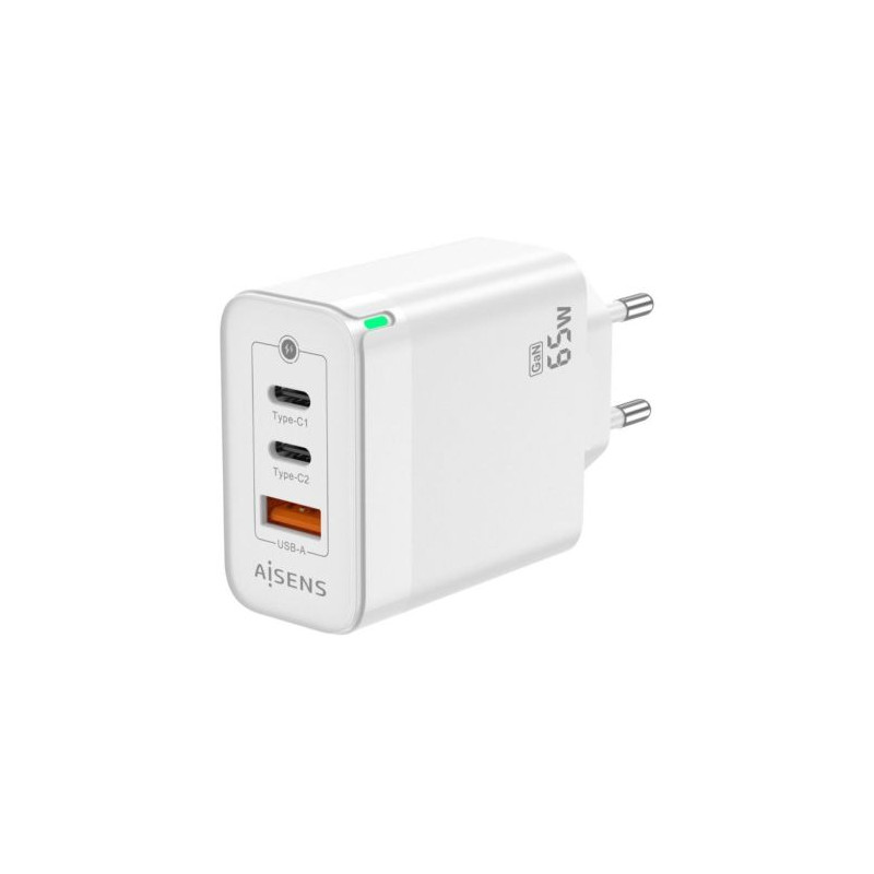 Cargador de Pared AISENS ASCH-65W3P007-W - 65W · USB 3.0 · 2xUSB Tipo C · Blanco