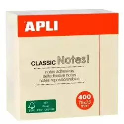 11597 APLI NOTAS ADHESIVAS CLASSIC 75X75MM CUBO DE 400H AMARILLO