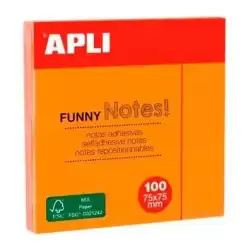 11900 APLI BLOC NOTAS ADHESIVAS FUNNY REPOSICIONABLES 100H 75X75 NARANJA FLUORESCENTE PACK 12 UD