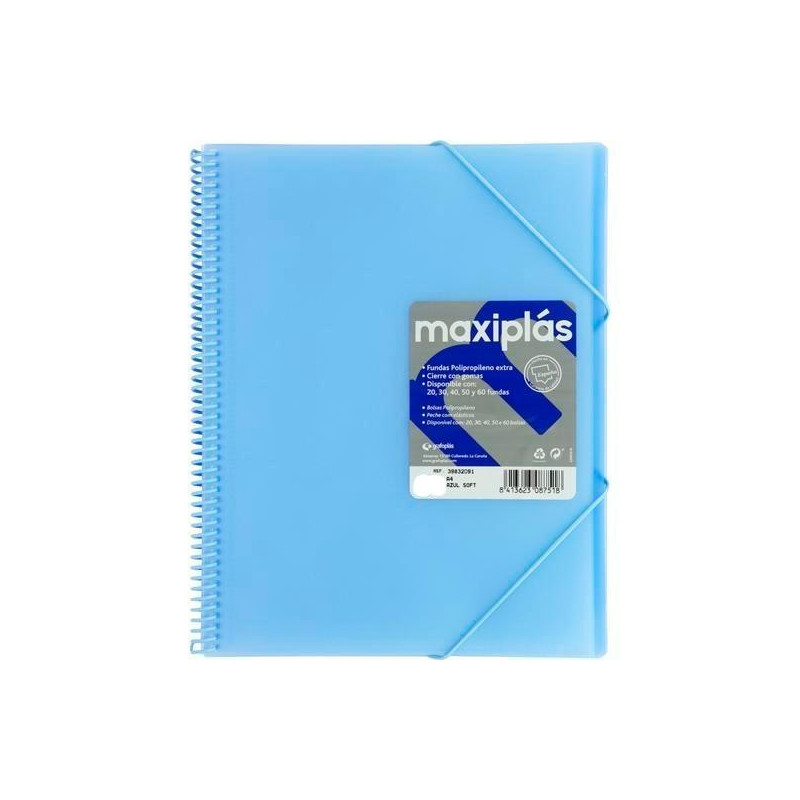 39833091 GRAFOPLÁS CARPETA CON FUNDAS MAXIPLÁS ESPIRAL A4 30 FUNDAS C/SOBRE PP RÍGIDO TRANSLÚCIDO AZUL SOFT