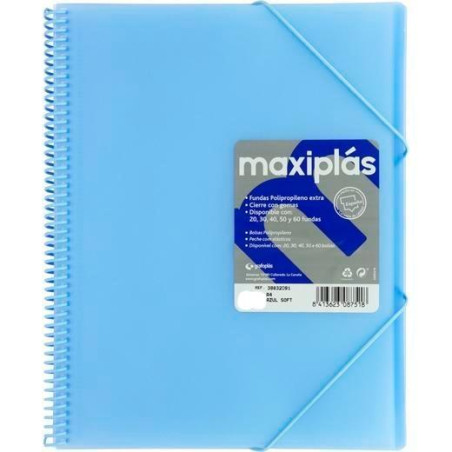 39833091 GRAFOPLÁS CARPETA CON FUNDAS MAXIPLÁS ESPIRAL A4 30 FUNDAS C/SOBRE PP RÍGIDO TRANSLÚCIDO AZUL SOFT