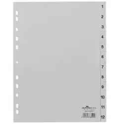 651210 DURABLE ÍNDICES PP CON PESTAÑAS IMPRESAS DIVISIÓN NUMÉRICA 1-12 VERTICAL A4 GRIS
