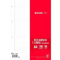 400173749 ENRI RECAMBIO PLUS 100H A4 90GR 1 LÍNEA C/MARGEN 4 TALADROS BLANCO