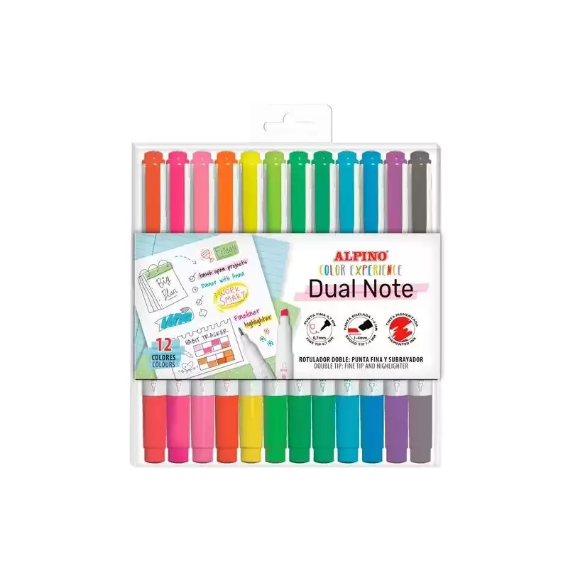 AR001142 ALPINO ROTULADORES DUAL NOTE PUNTA FINA Y PUNTA BISELADA C/SURTIDOS ESTUCHE 12 UD