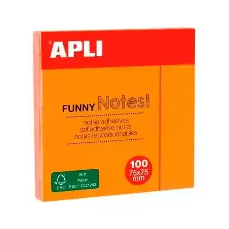 11900 APLI BLOC NOTAS ADHESIVAS FUNNY REPOSICIONABLES 100H 75X75 NARANJA FLUORESCENTE PACK 12 UD