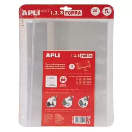 16913 APLI FORRO DE LIBROS CON SOLAPA AJUSTABLE 290MM PP 75 MICRAS BLÍSTER 5 UD