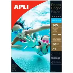 10123 APLI PAPEL FOTOGRÁFICO PROFESIONAL PHOTO BRIGHT A4 265GR INKJET RESISTENTE AL AGUA PAQUETE 20H BLANCO BRILLO